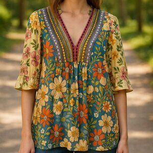 Blank Blouse SZ Small‎ Ribbons Artsy Museum Sedona Bohemian Anthropologie